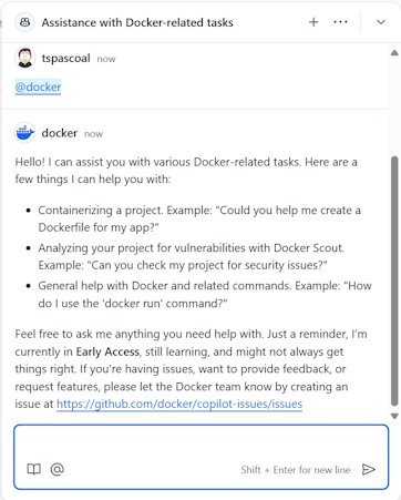 example of the Docker extension running in github.com chat