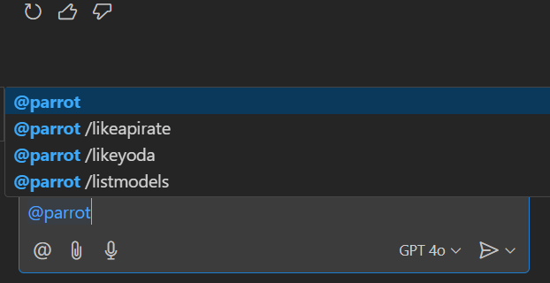 Copilot showing the slash commands for Parrot